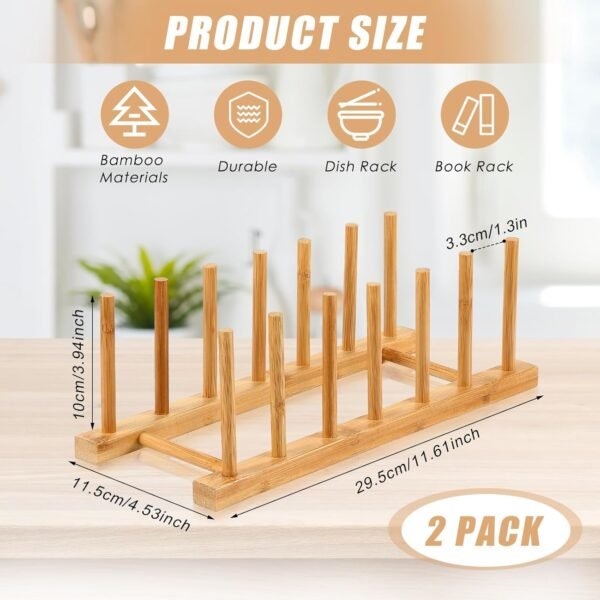 Yinkin 2 Pcs Bamboo Wooden Plate Rack Dish Drying Rack Wood Pot Lid Holder Stand Kitchen Cabinet Organizer for Bowl Cup Cutting Board - Image 2