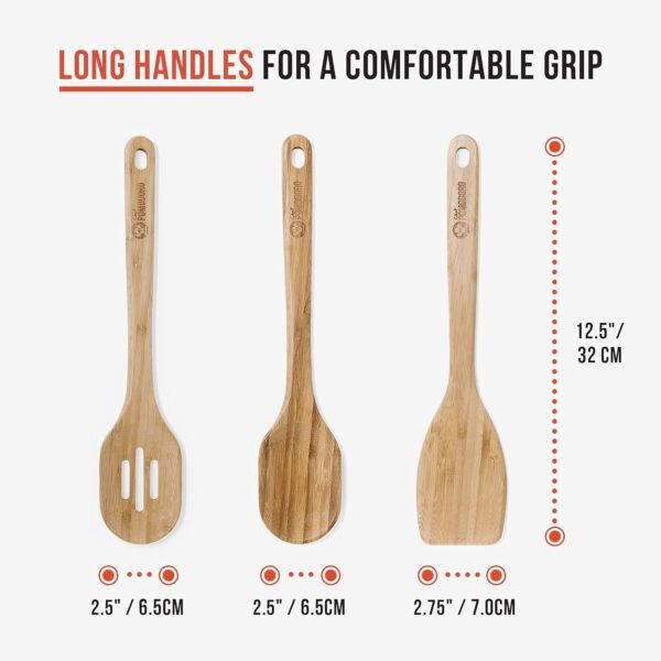 Chef Pomodoro Wooden Cooking Utensils 3-Piece Set, Bamboo | Large 12.5-Inch, Wooden Spatula for Cooking, Kitchen Utensil Set | Wooden Kitchen Frying Set, - Image 2