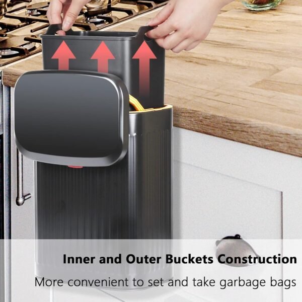 Hanging Trash Can Compost Bin with Lid for Kitchen Cabinet Door,Stainless Steel Countertop Compost Bin with Removable Inner Bucket,Wall-Mounted Kitchen Garbage Can (Black/2.1 Gal) - Image 3
