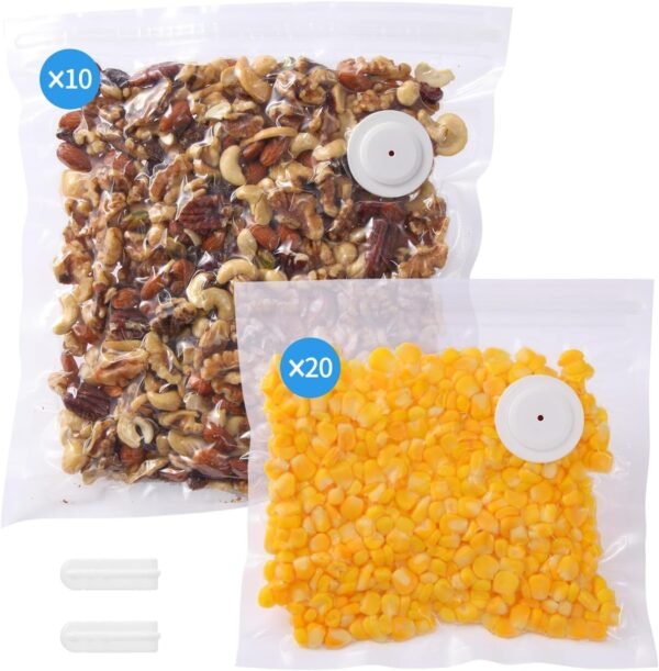 30 Upgraded Reusable Vacuum Sealer Bags(20p 8"X8", 10p 10"X11") + 2 Clips, 1 Year Airtight, For Food Preservation and Storage, Sous Vide Cooking, BPA Free, Reinforced, 7.5mil Thick (No Pumper)