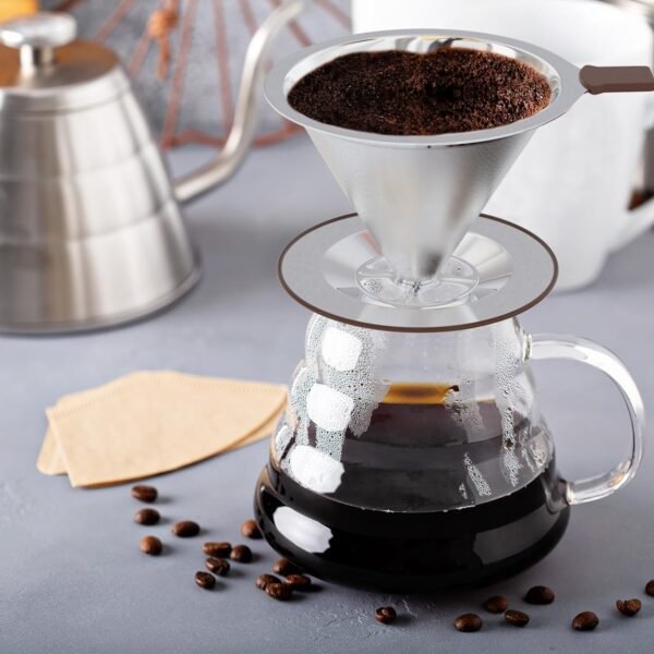 Pour Over coffee filter, Fine Mesh Double Layer,Paperless Reusable Coffee Filters,Stainless Steel Drip Cone Brew Coffee Strainer,Single Cup Coffee Maker 2-3 Cup - Image 7