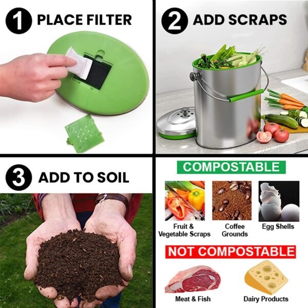 iTouchless Stainless Steel Compost Bin 1.6 Gallon Includes AbsorbX Odor Filter System, Pest-Proof, Titanium Rust-Free Space-efficient Slim Oval Shape 6 Liter Kitchen Countertop Trash Can - Image 5