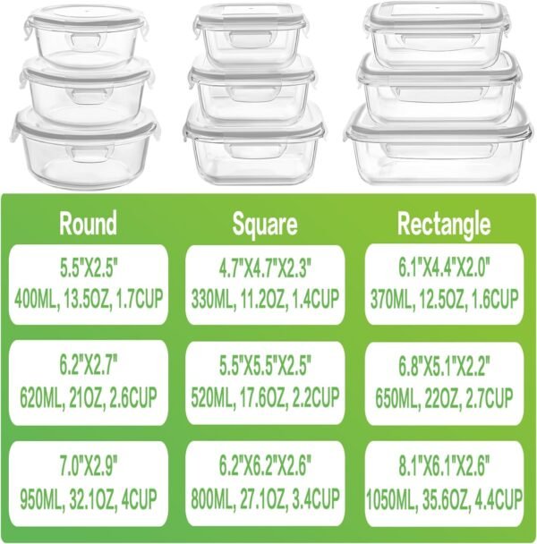 HOMBERKING Glass Food Storage Containers with Lids, [18 Piece] Glass Meal Prep Containers, Airtight Glass Lunch Bento Boxes, BPA-Free & Leak Proof (9 lids & 9 Containers) - Grey - Image 2