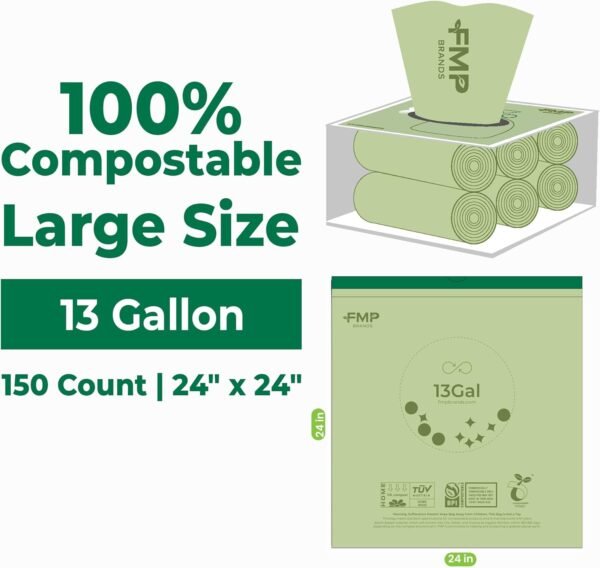 FMP Brands 150 Count 13 Gallon Compostable Trash Drawstring Bags, Extra Thick 1.2 Mil, Leak-Proof Kitchen Food Scrap Waste Bag, Large Compost Trash Can Liner, BPI, ASTM D6400, OK Compost Certified - Image 2