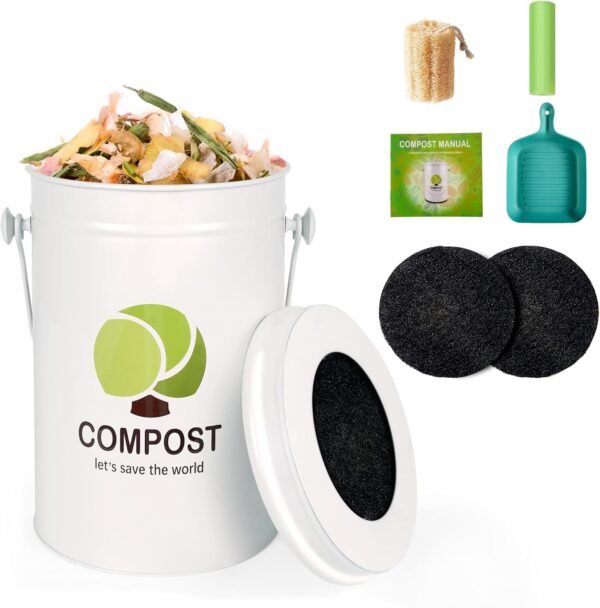 Compost Bin Kitchen Countertop, 1.7 Gallon Indoor Compost Pail, Odorless Food Waste Bin Compost Bucket with Charcoal Filter & Trash Bags & Waste Tray & Brush