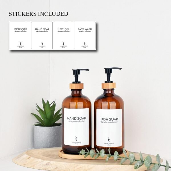 16 Oz Amber Glass Soap Dispenser with Bamboo Tray, Hand Soap Dispenser | Dish Soap Dispenser for Bathroom Set Accessories, Kitchen Counter Farmhouse Boho Decor and Organization - 2 Pack - Image 5