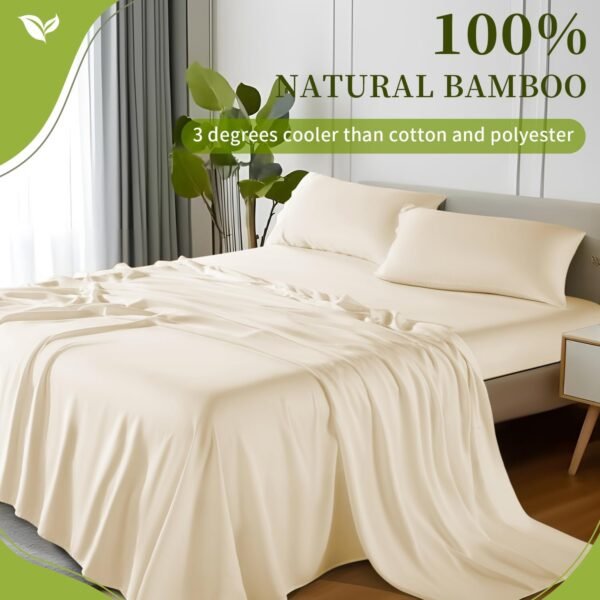 Shilucheng 100% Viscose Derived from Bamboo_ Sheets King Size 4pcs - Ultra Cooling & Silky Soft Bed Sheets, 16" Deep Pocket, Perfect for Hot Sleepers, Hotel Bedding Sheets (Beige) - Image 2