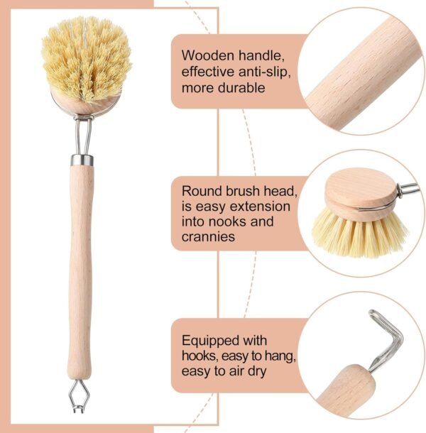 Maxdot 4 Pcs Kitchen Dish Brush with Beechwood Handle Natural Wooden Handle Scrub Brush Fiber Bristles Dish Scrub 2 Inch Replacement Brush Head for Pots Pans Utensils Washing Supplies - Image 3