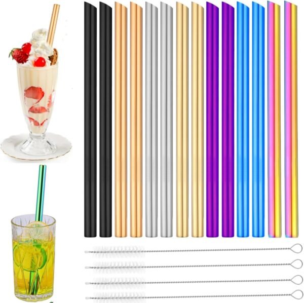 14 Pcs Stainless Steel Metal Straws, 7 Colors Stainless Steel Metal Boba Straws Metal Drinking Straws for Milkshake, Extra Wide Colored Reusable Tea Straws with 4 Pcs Cleaning Brush