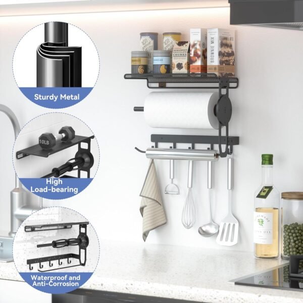 Paper Towel Holder - 4 in 1 Wall Mount Kitchen Paper Rack with Shelf, Towel Holder & Hooks, Easy Tear Paper Roll Holder with Two Fixing Tubes Suitable for Kitchen, Bathroom, Garage & Tool Room - Image 5