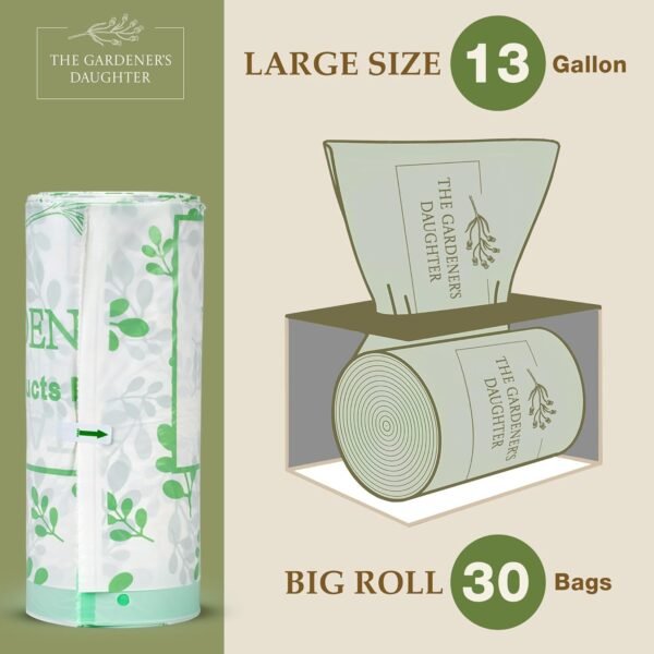 The Gardener's Daughter Compostable Trash Bags - 13 Gallon, 30 Count, Extra Strength, White, Drawstring Kitchen Waste Bag, BPI and TUV Certified, OK Home Compostable - (Evergreen) - Image 4