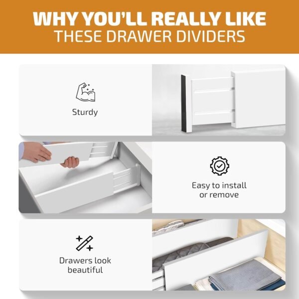 6 Pack Drawer Dividers 6 Inch High, 11”-17" Adjustable Bamboo Organizers Large Expandable Drawer Separators for Cloths, Dresser, Bedroom, Bathroom, Baby Drawer, Office & Kitchen Utensils (White) - Image 3