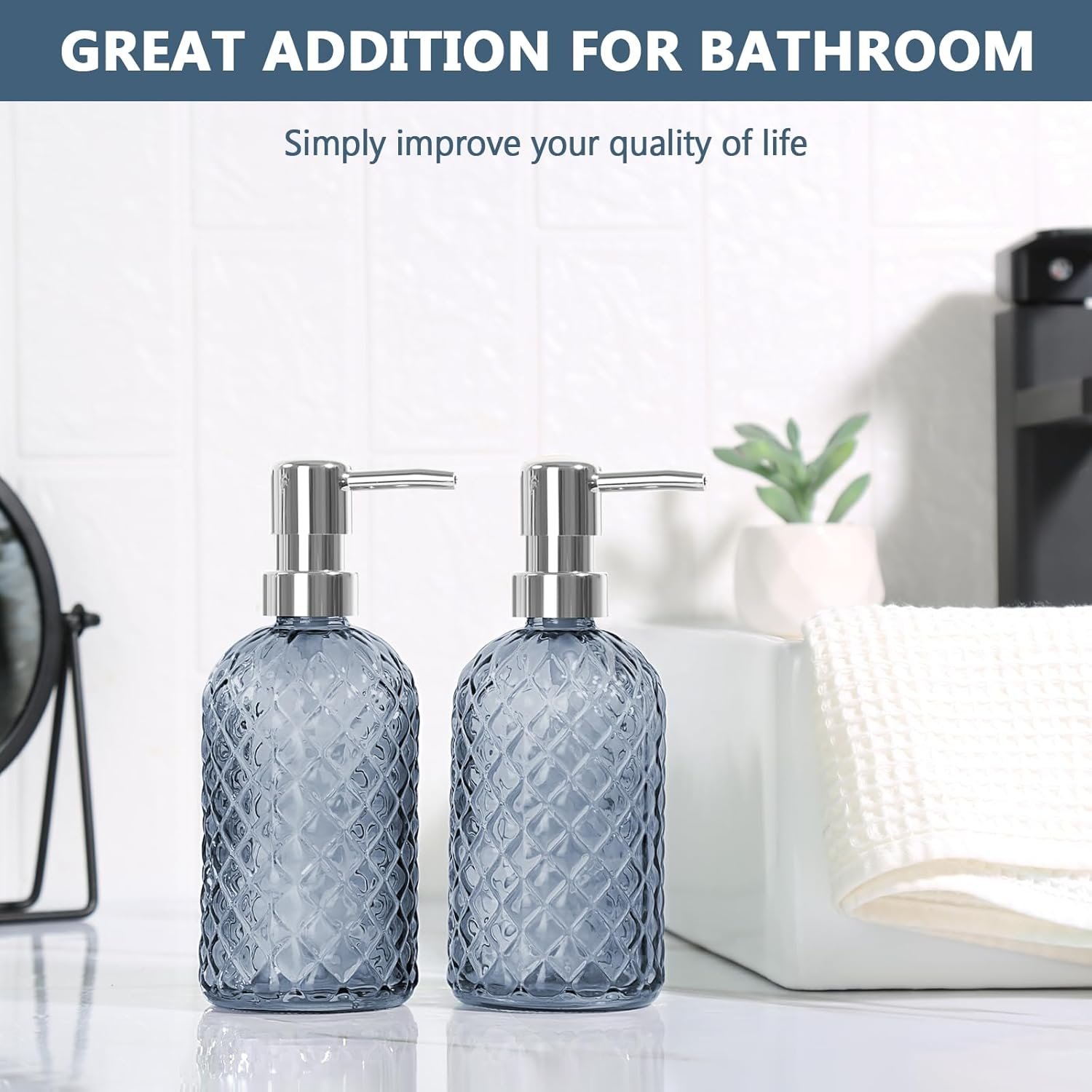 Hand Soap Dispenser, Bathroom Glass Soap Dispenser, 16 Oz Blue Dish Soap Dispenser for Kitchen with Sliver Plastic Pump, Refillable Liquid Lotion Bottle Container, Modern Bathroom Accessories - Image 4