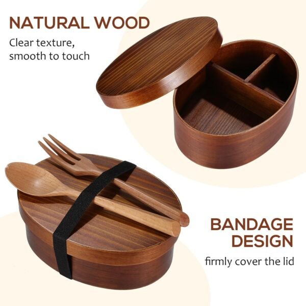 PRETYZOOM Wood Lunch Box, Japanese Bento Lunch Box with 3 Divider, Oval Shape Food Container Box for Sushi, Picnic, Lunch (800ml) - Image 7