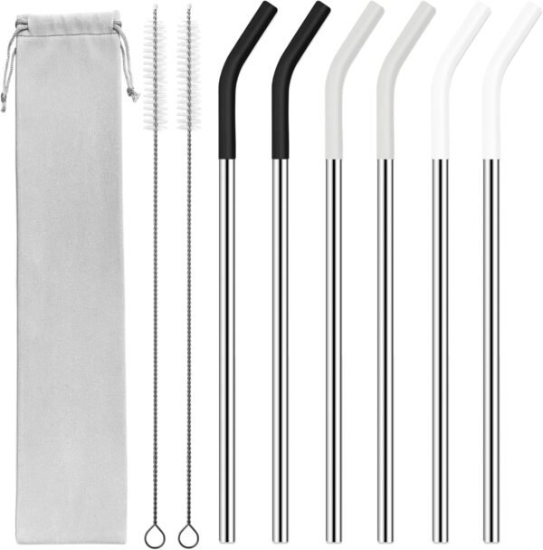 30 oz Stainless Metal Straws for 30 oz Stanley Tumbler, 6 Straws Reusable Straight Long Steel Straws with 12 Silicone Tips and 2 Straw Cleaning Brushes (3Color1, 30oz)
