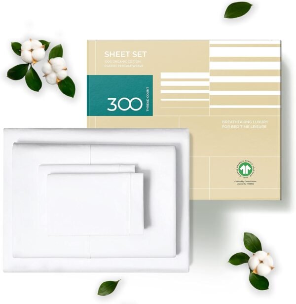 THREAD SPREAD 100% Organic Cotton Bed Sheet Set - Crisp and Cooling Percale Weave, Soft Breathable, Eco-Friendly, 4 Piece Bedding Set, Deep Pocket with All-Around Elastic, (California King, White)