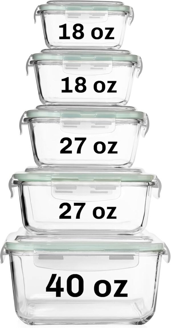 Razab 10 Pcs Glass Food Storage Containers with Lids – 40, 27, 17 Oz | Airtight Glass Storage Containers, BPA-Free meal prep containers reusable glass - Leakproof Kitchen Containers for Organizing