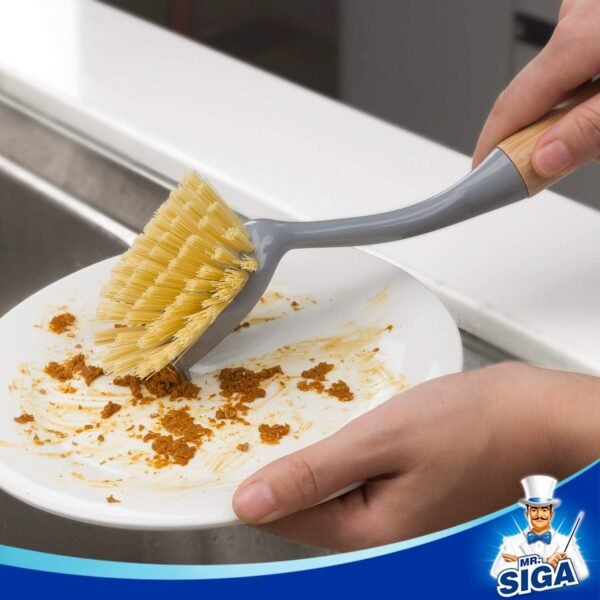 MR.SIGA Dish Brush with Long Bamboo Handle Built-in Scraper, Scrub Brush for Pans, Pots, Kitchen Sink Cleaning, Pack of 2 - Image 2