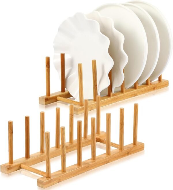 Yinkin 2 Pcs Bamboo Wooden Plate Rack Dish Drying Rack Wood Pot Lid Holder Stand Kitchen Cabinet Organizer for Bowl Cup Cutting Board