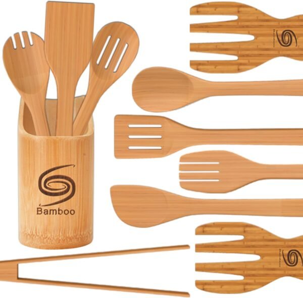 Bamboo Cooking Utensils - 11-Piece Wooden Kitchen Utensil Set W/A Bamboo Utensil Holder - Non Toxic and Eco Friendly Wooden Spoons for Cooking W/Wooden Tongs & Slotted Spatula - Image 7