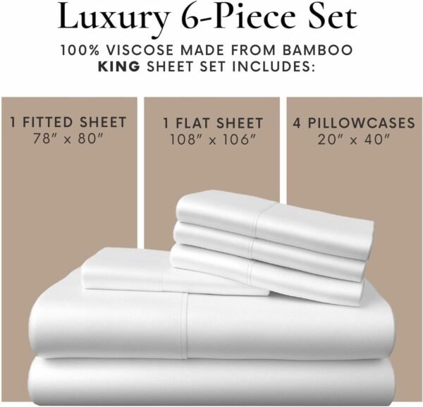 Bamboo Bay 6 Piece King Size Sheets Set - 100% Viscose Made from Bamboo Sheets King Size - Soft Cooling Sheets for Hot Sleepers - Breathable King Sheets Deep Pocket Fits Up to 16" Mattress - White - Image 5