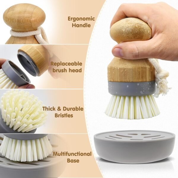 Bamboo Dish Palm Brush with Holder - 2 Pack RIMAY Wooden Replaceable Cleaning Scrub Brushes Washing Scrubber Set Kitchen Wood Dishwashing Tool for Pots,Pans,Counter&Sink - Image 5