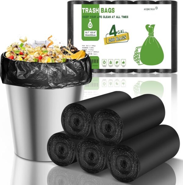 4 Gallon Biodegradable Black Trash Bag - Small Garbage Bags For Bathroom Can 4-6 Gallon 200 Counts Compostable Kitchen Unscented Recycling Little Waste Basket Liners Office Bulk Acqkunlo
