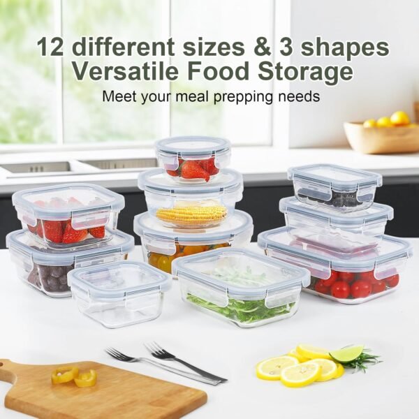 BAYZZ Glass Food Storage Containers Set, 24 Pieces Airtight Glass Meal Prep Containers with Lids,Microwave and Freezer Safe - Image 6