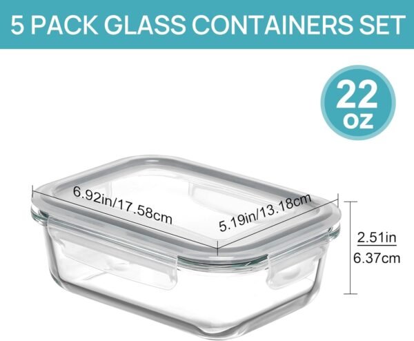 Vtopmart 5Pack 22oz Glass Storage Containers with Lids, Meal Prep Food Containers Sets, Glass Lunch Containers Bento Box with Snap Airtight Lids for Microwave, Oven, Freezer and Dishwasher - Image 2