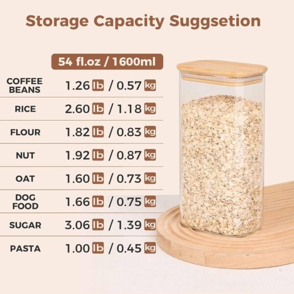 ComSaf 54oz Rectangle Glass Storage Containers with Lids, Glass Jars with Bamboo Lids, Clear Food Storage Jar, Sugar Coffee Containers, Pantry Storage Container for Pasta Rice Flour Oats Nuts Tea - Image 3