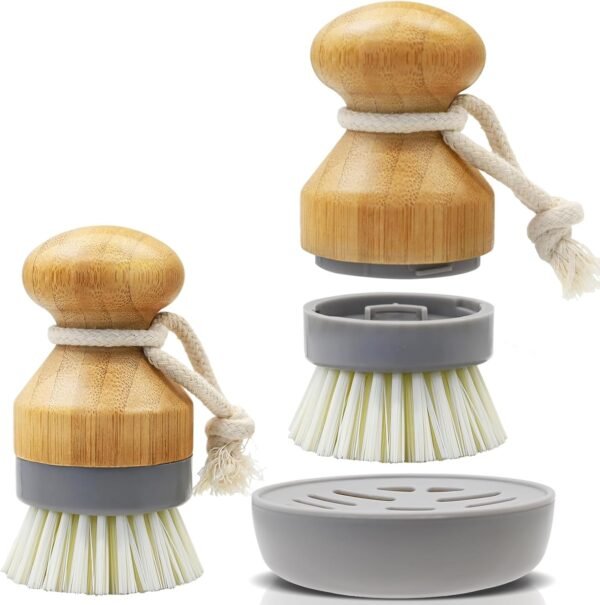 Bamboo Dish Palm Brush with Holder - 2 Pack RIMAY Wooden Replaceable Cleaning Scrub Brushes Washing Scrubber Set Kitchen Wood Dishwashing Tool for Pots,Pans,Counter&Sink