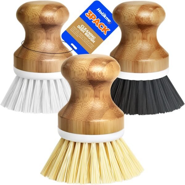 Holikme 3 Pack Dish Brushes Palm Brush Dish Scrubber Bamboo Round Natural Scrub Brush Cleaning Kit for Cleaning Saucepans, Pots, Pans and Vegetables, White & Yellow & Black