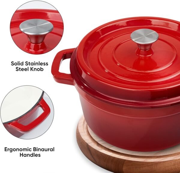 6.5 Quart Enameled Cast Iron Dutch Oven Pot with Lid, Dual Handle for Bread Baking, Pre-Seasoned Cookware, Heavy-Duty, Oven Safe up to 500° F, Non-stick & Applicable All Cookings, Red - Image 2