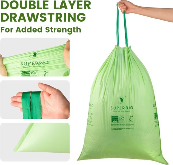 SUPERBIO 13 Gallon Compostable Drawstring Food Waste Bag, 49.2 Liter, 30 Count,1 Mils, Heavy Duty Kitchen Waste bags, Seedling and OK compost INDUSTRIAL - Image 3