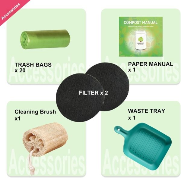 Compost Bin Kitchen Countertop, 1.7 Gallon Indoor Compost Pail, Odorless Food Waste Bin Compost Bucket with Charcoal Filter & Trash Bags & Waste Tray & Brush - Image 6