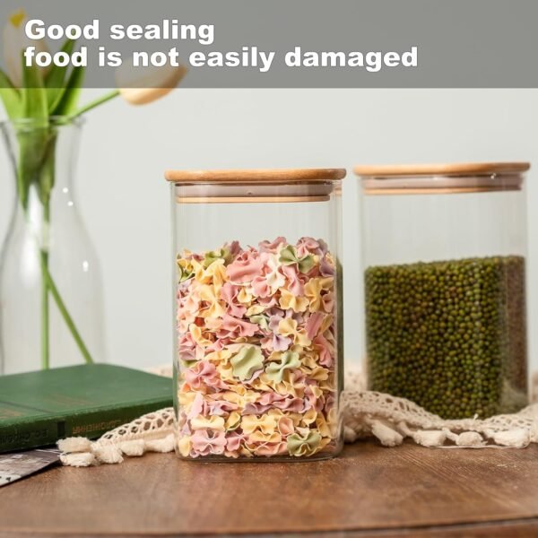 Glass Food Storage Jars 37 oz Set of 6,Glass Storage Containers Clear Glass Food Canister with Bamboo Lid Airtight For Serving Tea, Coffee, Flour, Sugar, Candy, Cookie, Spice and More (Square) - Image 7