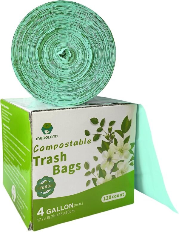 100% Compostable Bags for Countertop Bin, 4 Gallon (120 Count, 0.79 Mils), Compost Trash Bags for Food & Green Waste, Plant-Based, Biodegradable, Leakproof, Tear Resistant, Odor Controlled