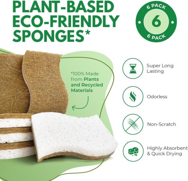 Natural Kitchen Sponges Pack of 6 - Cellulose and Coconut Husk Dishwashing Sponges - Odor Free Non Scratch Walnut Scrubber Sponges - Eco Friendly Quick Drying Scrub Sponges for Washing Dishes - Image 2