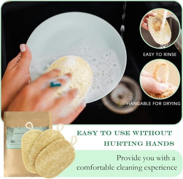 Natural Loofah Dish Sponge, Natural Kitchen Biodegradable Compostable Cellulose Loofah Scrub Sponge, Dual Sided Reusable Non Scratch Cleaning Sponge for Cleaning Kitchen, Bathroom, Household, 3 Pcs - Image 6