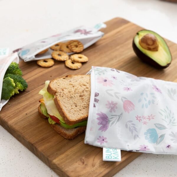 Bumkins Reusable Sandwich and Snack Bags, for Kids School Lunch and for Adults Portion, Washable Fabric, Waterproof Cloth Zip Bag, Travel Pouch, Food-Safe Storage, Large 2-pk Floral and Lace - Image 3