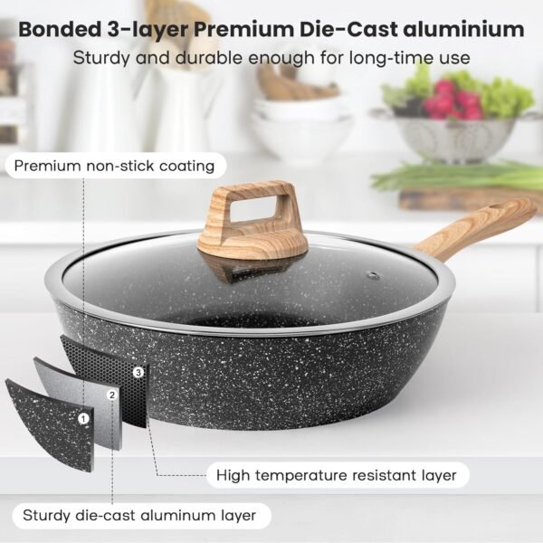 12 Pcs Pots and Pans Set Non Stick Kitchen Cookware Sets Nonstick Induction Cookware Black Granite Cooking Set with Frying Pans, Saucepans, Steamer Silicone Shovel Spoon & Tongs (NO PFOS, PFOA) - Image 4