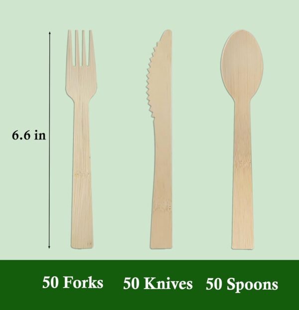 Disposable Bamboo Cutlery Sets - 150 Piece Total: 50 Forks, 50 Spoons, 50 Knives, 6 Inch Length Ecological Biodegradable Compostable Bamboo Utensils Bamboo Cutlery - Image 4