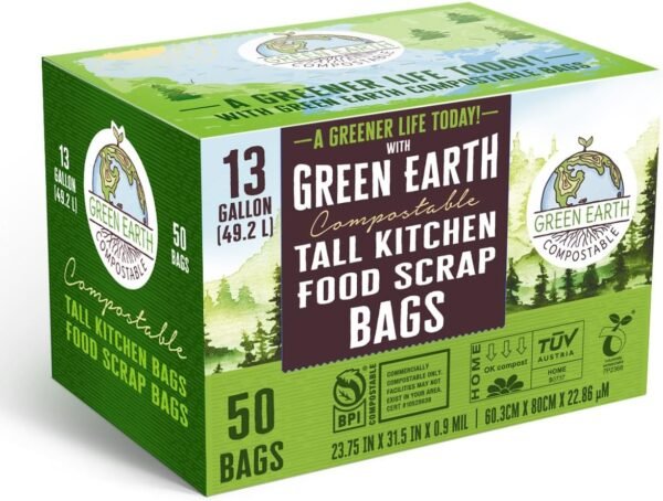 Green Earth Compostable Tall Kitchen Food Scrap Waste Bags, 13 Gallon, 49 Liter, 50-Count, Superior Strength 0.9 Mil Thickness, ASTM D6400, US BPI & Europe OK Compost Home Certified, USA - Image 2