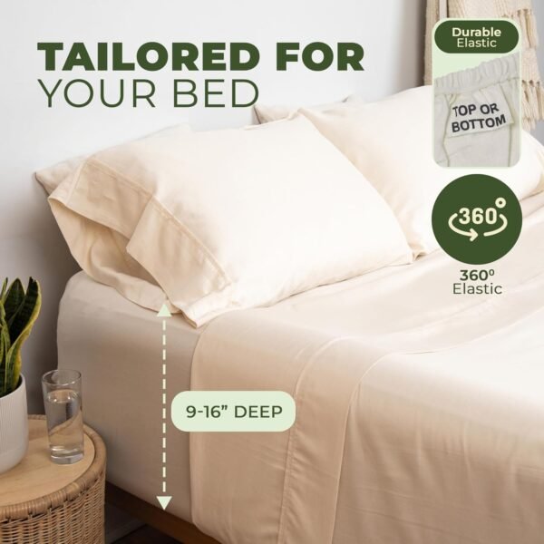 100% Organic Cotton Sheets Set - GOTS Certified, 300 Thread Count, Deep Pocket Sateen Sheet Set - Hypoallergenic, All-Season, Breathable, Soft Sheet Set (Queen - Cream) - Image 4