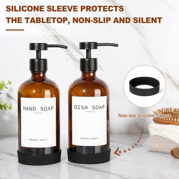 Amber Glass Soap Dispenser 2 Pack, Bathroom Hand Soap Dispenser with Stainless Steel Pump, 16 Oz Kitchen Hand and Dish Soap Dispenser Set, Modern Brown Soap Lotion Dispensers Bottle - Image 5