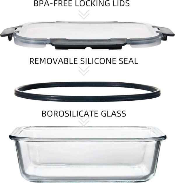 YANGNAY 8 Pack Glass Food Storage Containers, Glass Meal Prep Containers with Airtight Lids, Dishwasher/Freezer Safe Glass Containers, 2 sizes - Image 3
