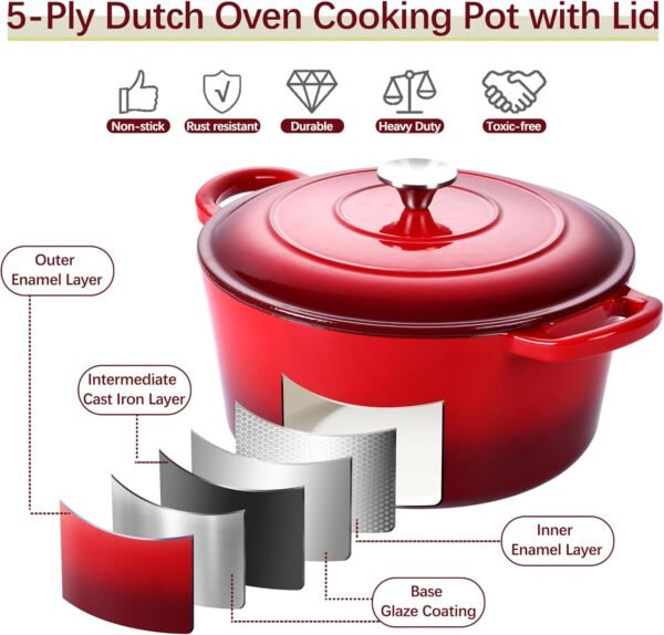 E-far 7QT Enameled Dutch Oven, Cast Iron Dutch Oven Pot with Lid for Cooking/Bread Baking/Braising/Roasting/Stewing, Heavy Duty Round Nonstick Cookware Safe for Induction & Oven - Red - Image 4