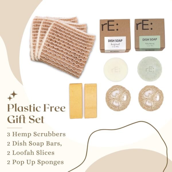 rE: Plastic Free Kitchen Gift Set for dishwashing | Dish Soap Bars (2 pcs), Hemp Scrubbers (3 pcs), Loofah Slices (2 pcs), Pop Up Sponges (2 pcs) (Original & Rosemary) - Image 2