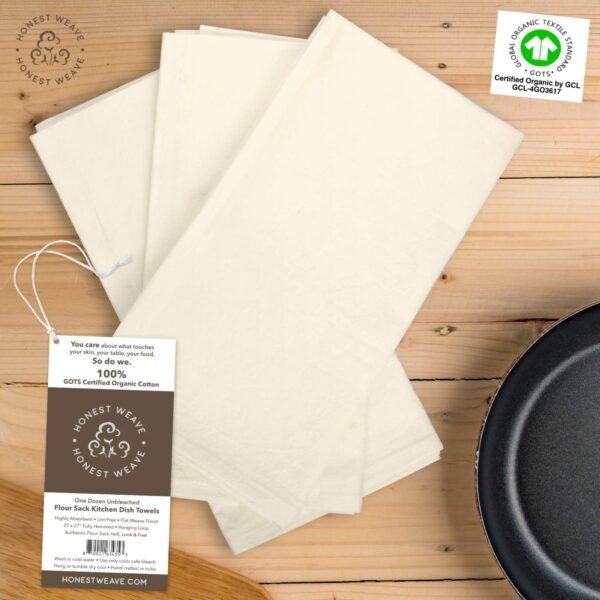 GOTS Certified 100% Organic Flour Sack Cotton Kitchen Hand and Dish Towel Sets - Extra Large 27x27 inches, Fully Hemmed, 12-Pack, Natural Tan - Image 3