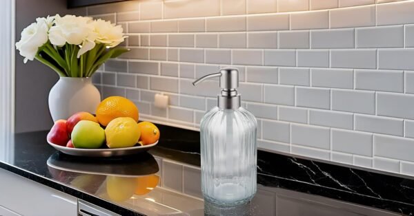 Aspasia Glass Soap Dispenser, Clear Glass Bottle with Rust Proof Stainless Steel Pump, Refillable Liquid Hand Soap Dispenser for Bathroom, Kitchen, 15 Oz, Brushed Nickel - Image 6